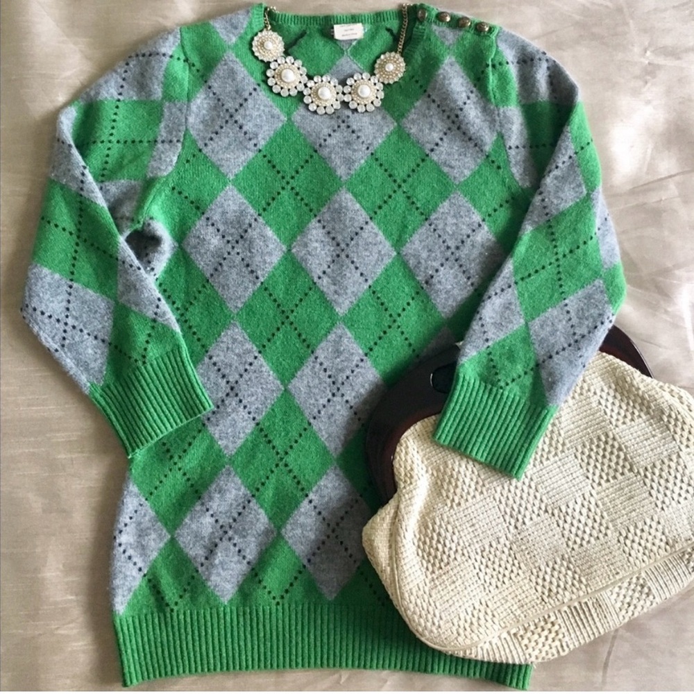 J. Crew Green and Gray Argyle Sweater